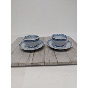 Chinese JingDeZhen Blue White Porcelain Rice Grain Set of 2 Cups and Saucers